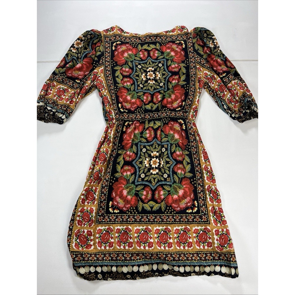 FARM Rio Floral Wrap Mini Dress V-Neck Puff Sleeve Pattern Tapestry Womens S - Picture 12 of 16